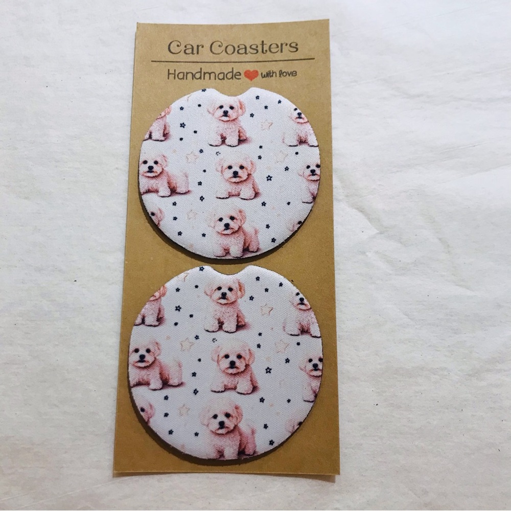 Handmade Bichon Frise With Stars Neoprene Car Coasters Set